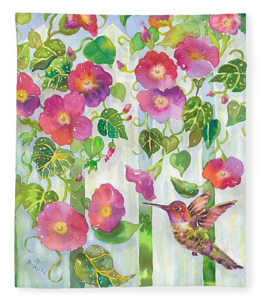 Pink Morning Glories Fleece Blanket featuring the painting Morning Hummingbird by Ann Nicholson