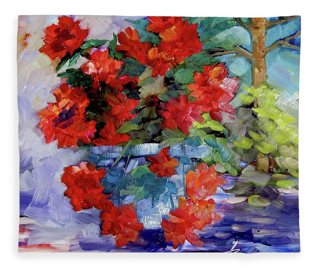 Geraniums Fleece Blanket featuring the painting Morning Patterns by Adele Bower