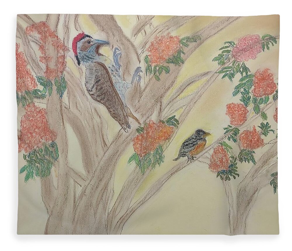Woodpecker Fleece Blanket featuring the pastel Morning Sounds by Suzanne Berthier