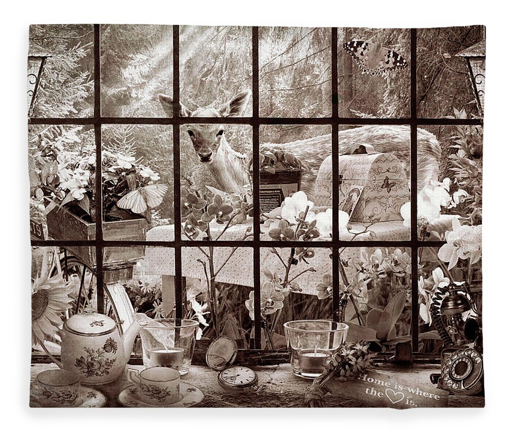 Spring Fleece Blanket featuring the photograph Morning Visitor in Vintage Sepia by Debra and Dave Vanderlaan