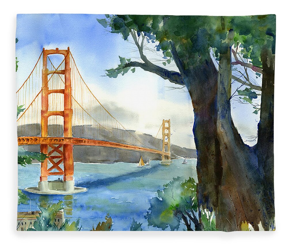 Golden Gate Bridge Fleece Blanket featuring the painting Mornings on the Bay by Joan Chlarson