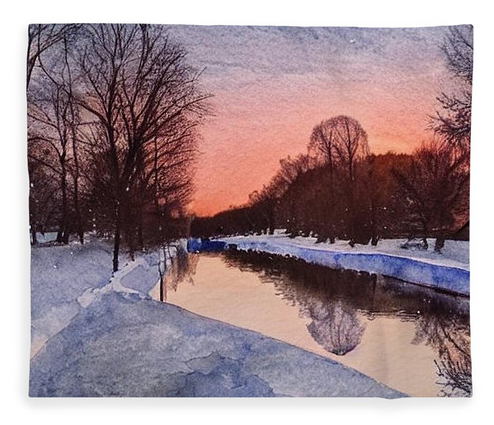 Morris Canal Fleece Blanket featuring the painting Morris Canal in Winter 1 by Christopher Lotito
