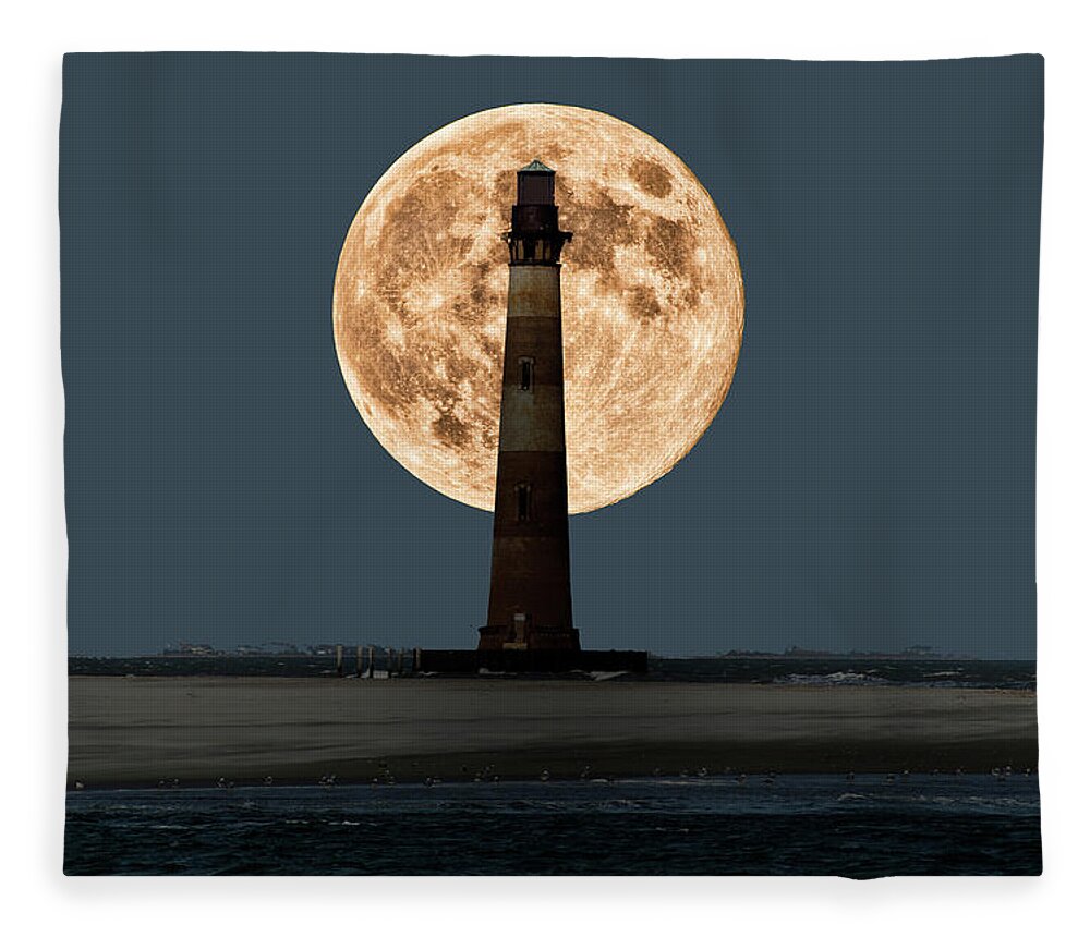 Morris Island Fleece Blanket featuring the photograph Morris Island Lighthouse Moonscape by Bill Barber