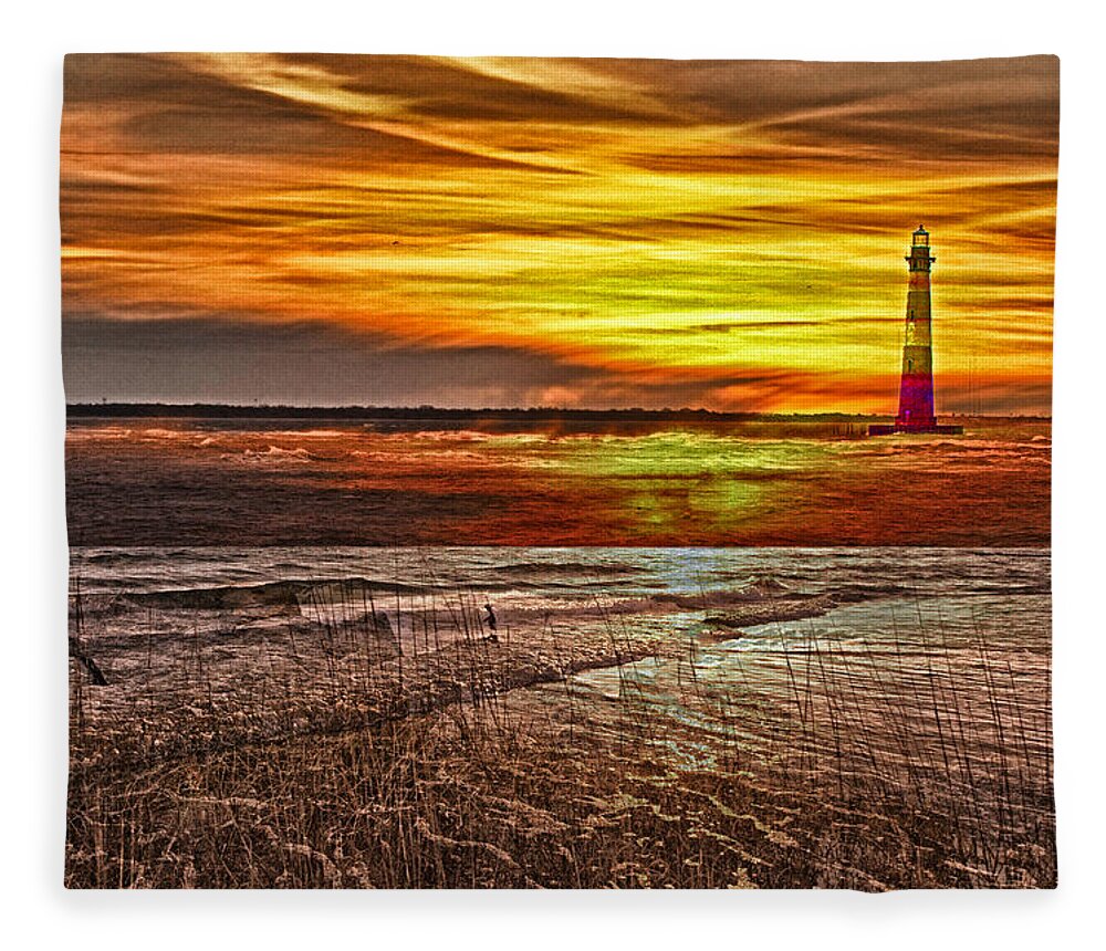 Lighthouse Fleece Blanket featuring the photograph Morris Island Lighthouse Sunrise by Bill Barber