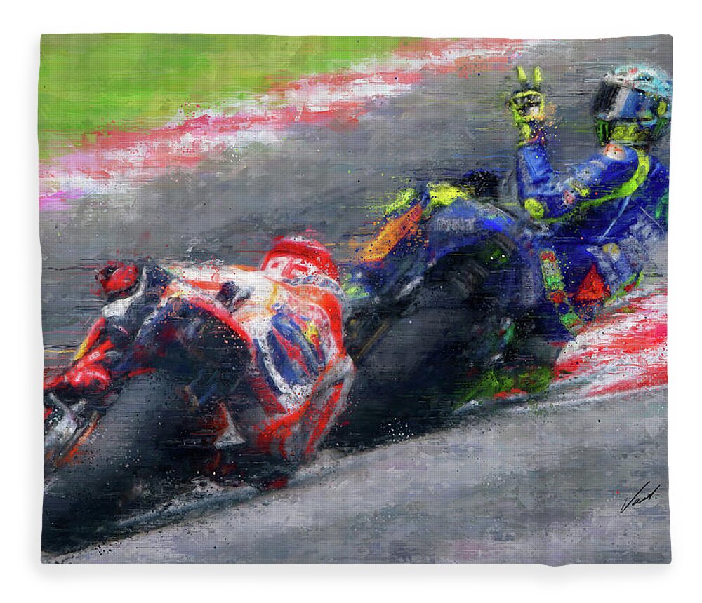 Motorcycle Fleece Blanket featuring the painting MOTO GP Rossi vs Marquez by Vart by Vart