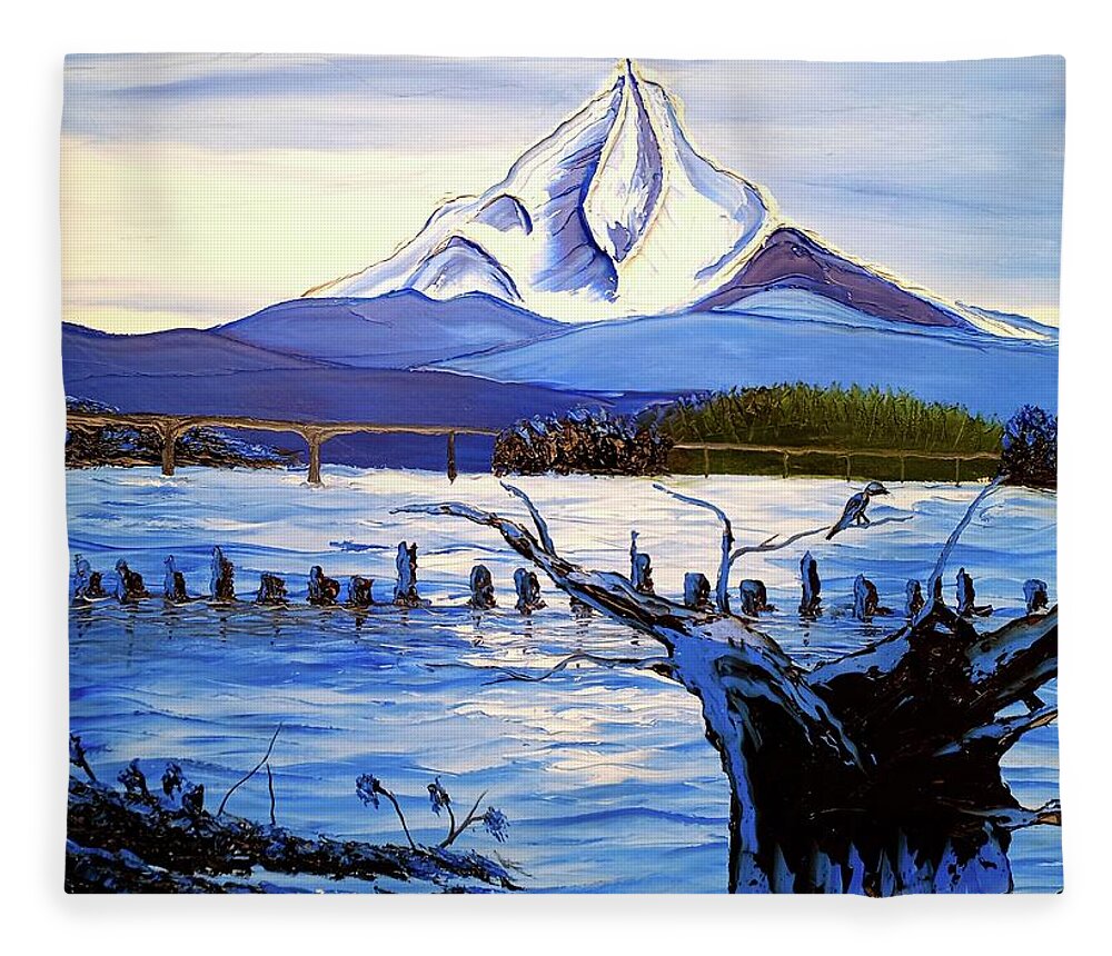  Fleece Blanket featuring the painting Mount Hood Over Wintler Beach by Dunbar's Local Art Boutique
