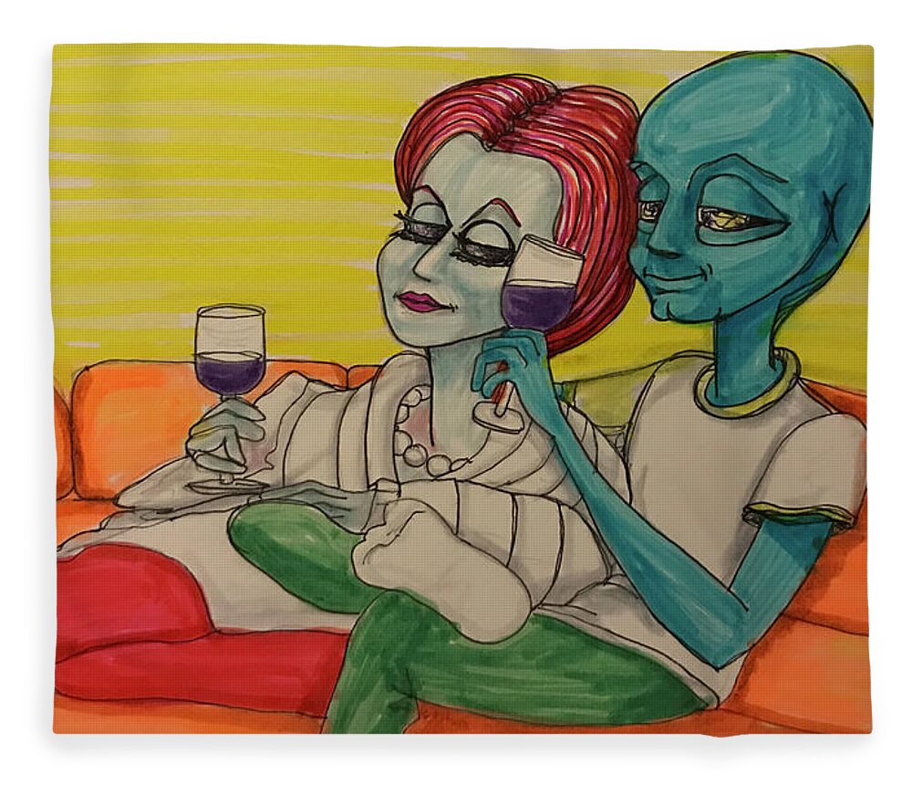 Date Night Fleece Blanket featuring the drawing Movie Night by Similar Alien