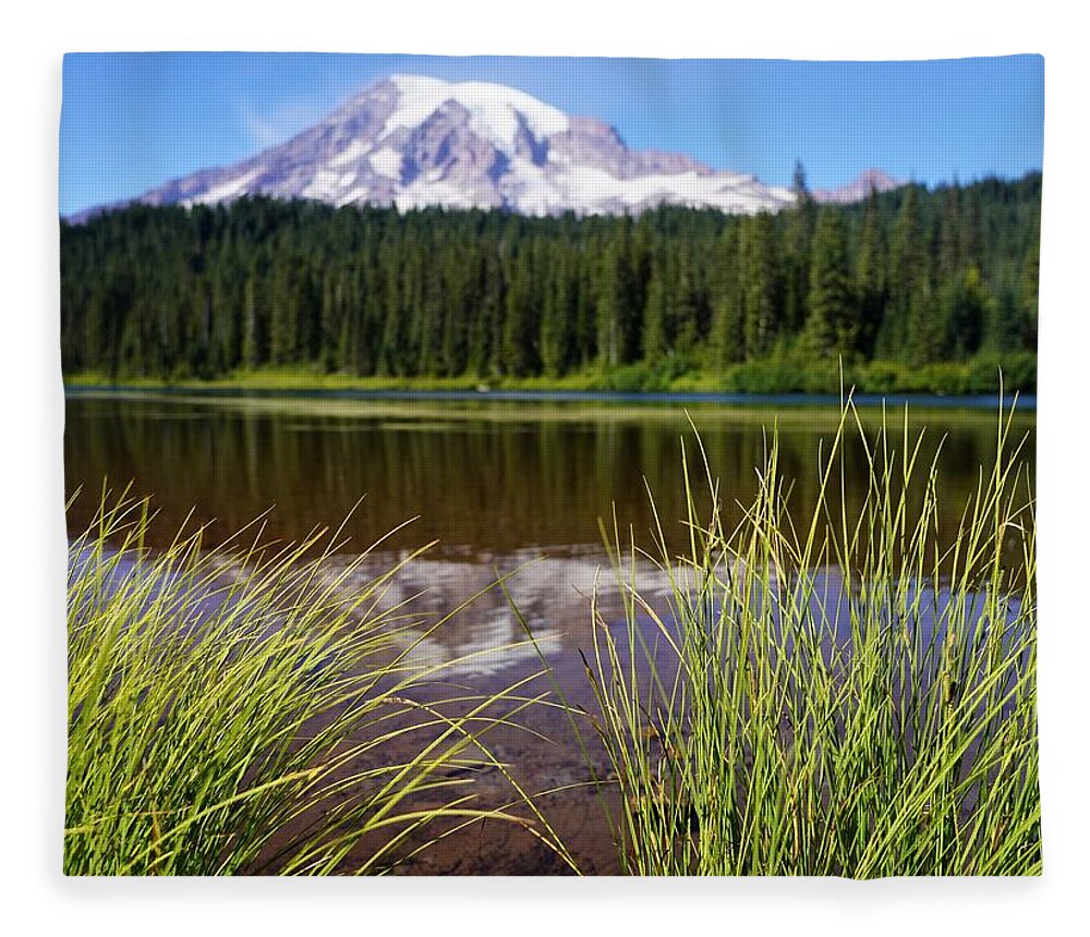Mt Rainier Fleece Blanket featuring the photograph Mt Rainier Reflected with Reeds by Peter Mooyman