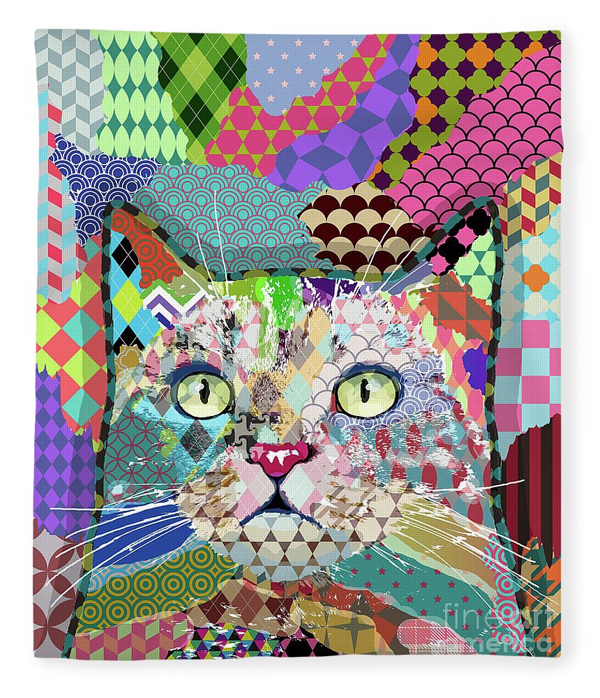 Cat Fleece Blanket featuring the digital art Multicolor Cat 671 by Lucie Dumas