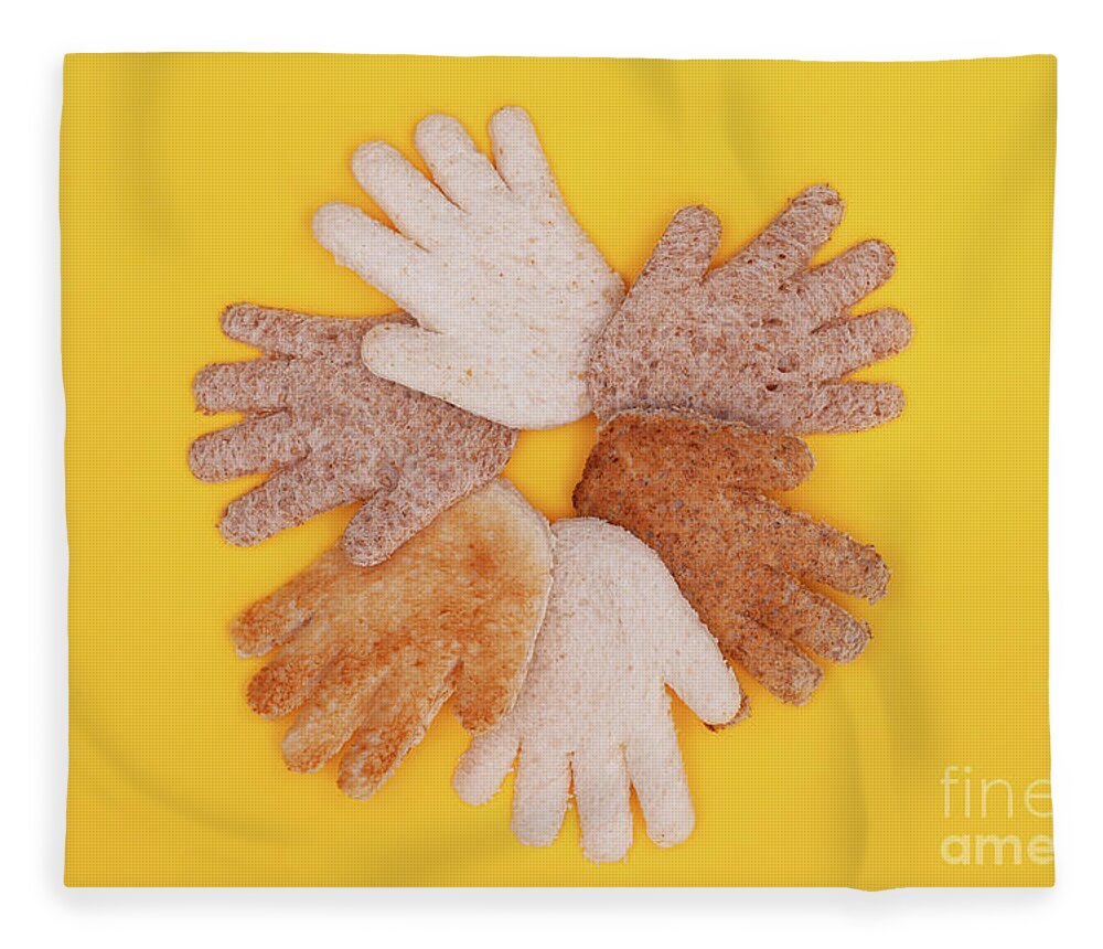 Hands Fleece Blanket featuring the photograph Multicultural hands circle concept made from bread by Simon Bratt