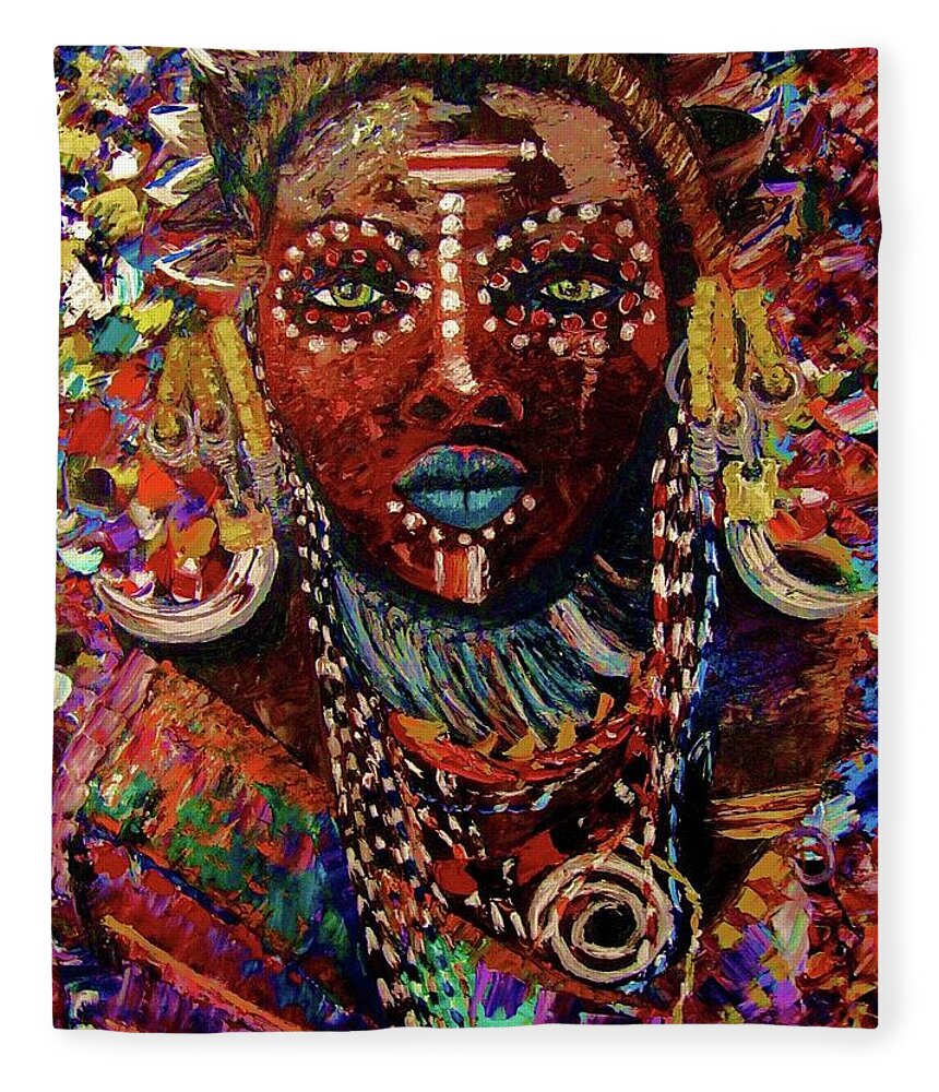 Africa Fleece Blanket featuring the painting Mursi by Kowie Theron