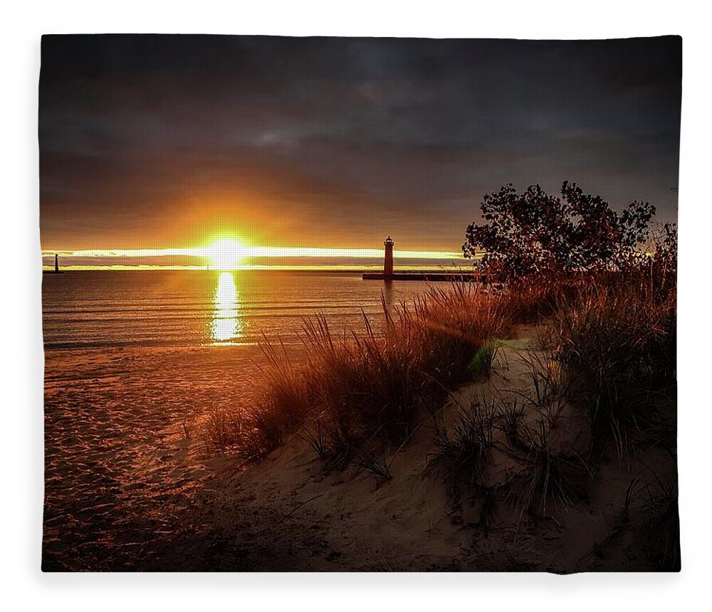  Fleece Blanket featuring the photograph Muskegon Lighthouse Sunset Bright Glow IMG_5937 by Michael Thomas