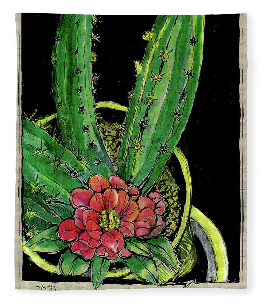 Flowers Fleece Blanket featuring the drawing My Cactus by Marnie Clark