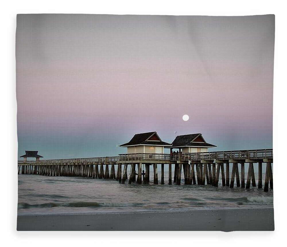  Fleece Blanket featuring the photograph Naples Pier Moonset by Donn Ingemie