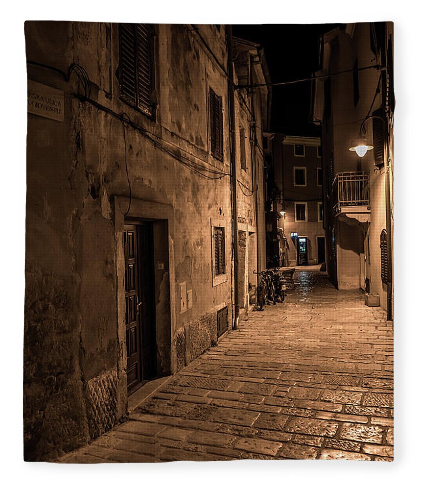 Accommodation Fleece Blanket featuring the photograph Narrow Alley With Old Houses In The Village Fazana In Croatia by Andreas Berthold