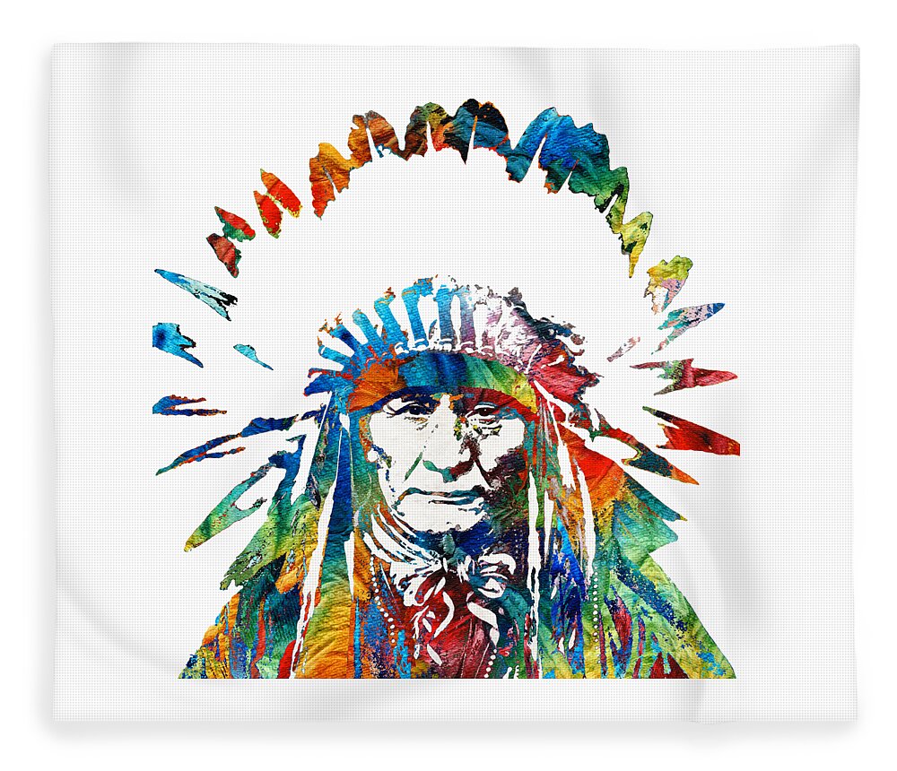 Native American Fleece Blanket featuring the painting Native American Art - Chief - By Sharon Cummings by Sharon Cummings