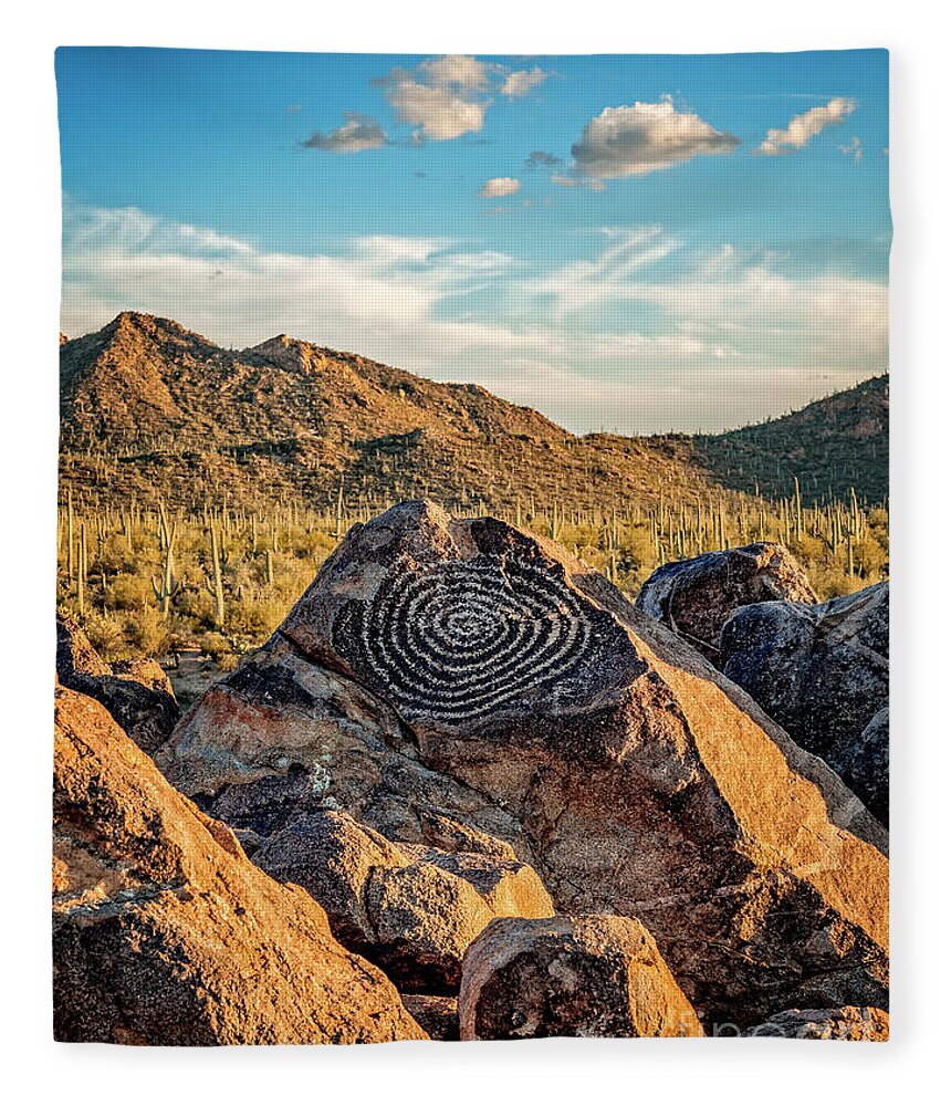 Petroglyph Fleece Blanket featuring the photograph Native American Indian Petroglyph in Saguaro National Park, Arizona by Bryan Mullennix