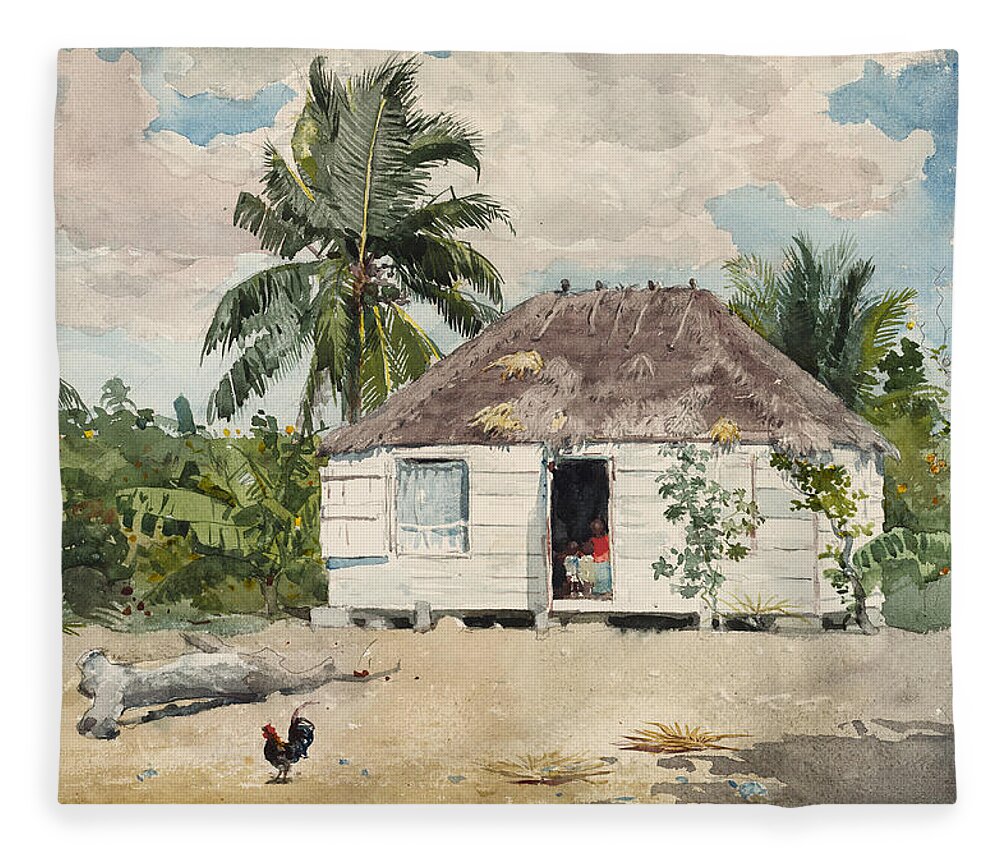 Winslow Homer Fleece Blanket featuring the drawing Native hut at Nassau by Winslow Homer