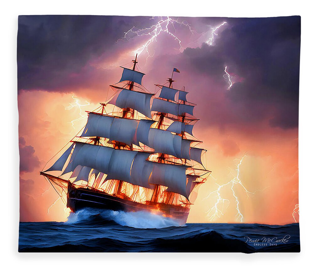 Ship Fleece Blanket featuring the mixed media Navigating the Storm by Pennie McCracken