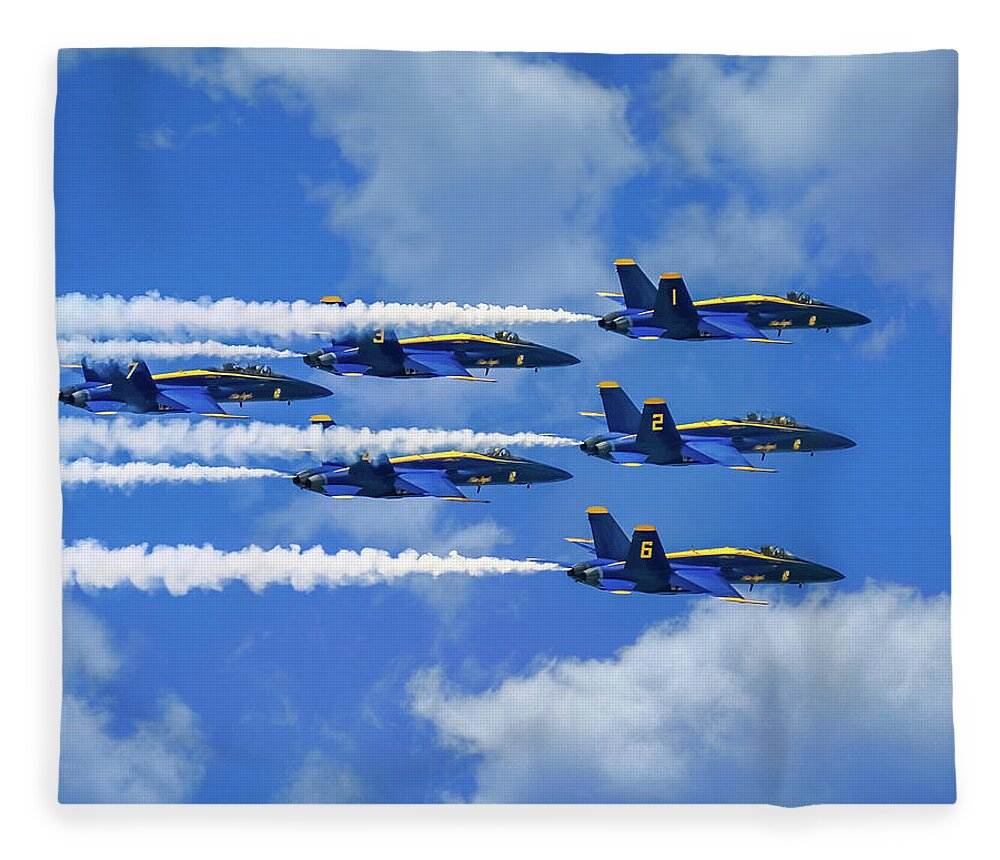 Blue Angels Show Fleece Blanket featuring the photograph Navy Blue Angels Airshow With Smoke Trails on Cloudy Day by Robert Bellomy