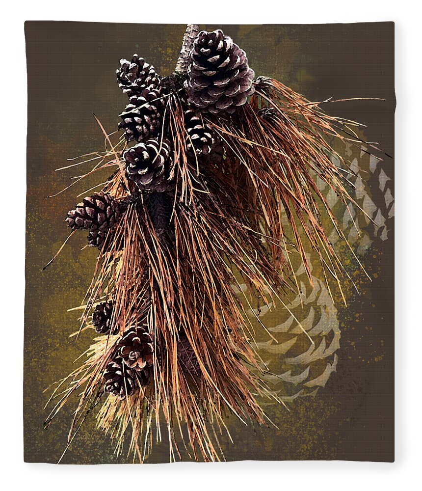 Autumn Fleece Blanket featuring the digital art Needles and Cones by Gina Harrison