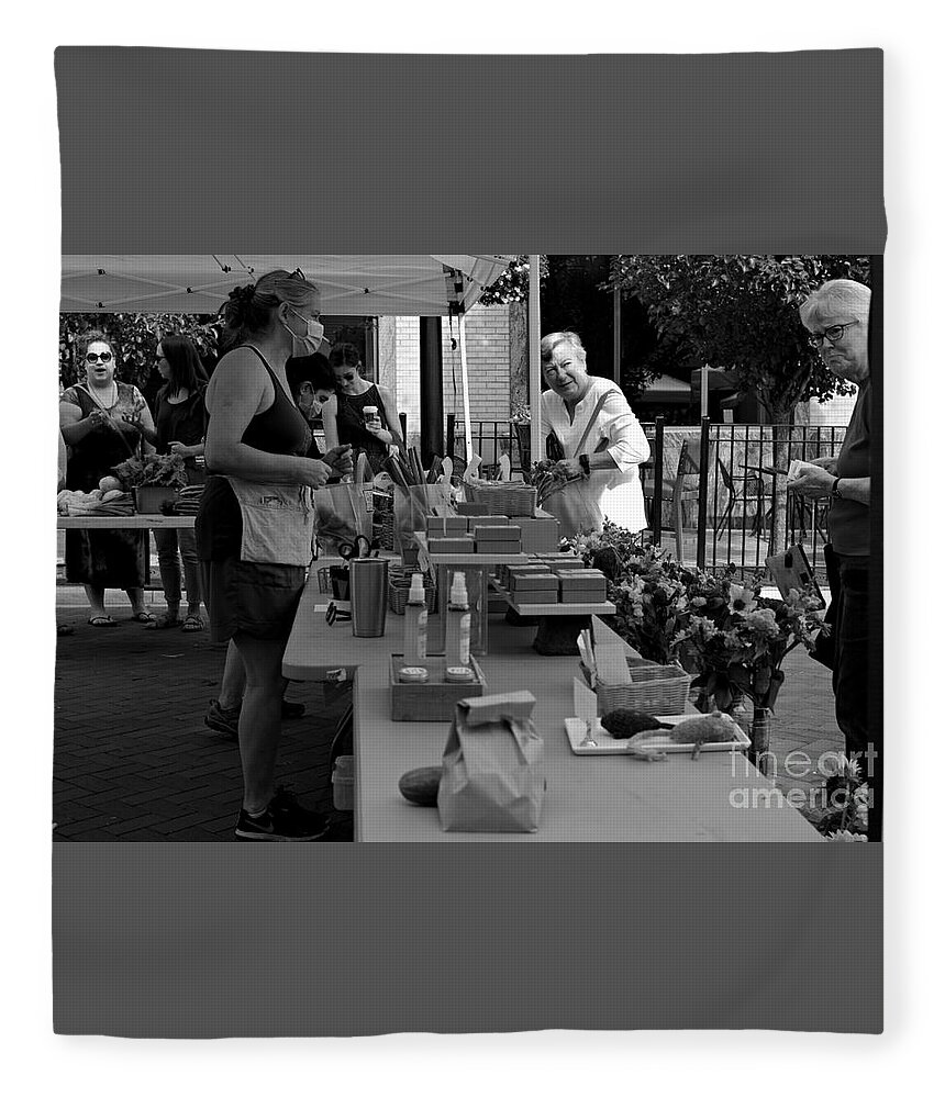 People Fleece Blanket featuring the photograph Neighborhood Farmers Market - Black and White - Frank J Casella by Frank J Casella