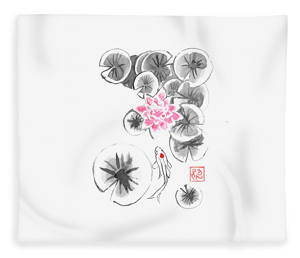 Sumie Fleece Blanket featuring the drawing Nenuphars And Carp Koi by Pechane Sumie