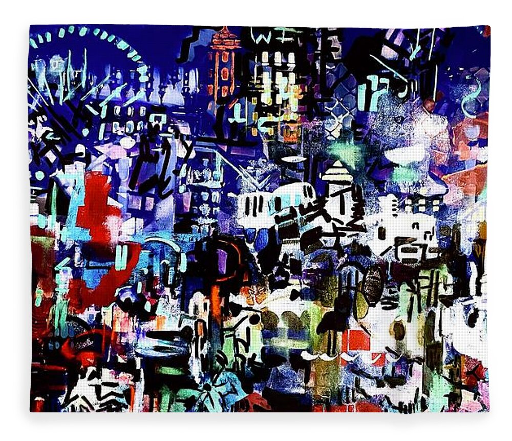 Neon Fleece Blanket featuring the painting Neon City Fun by Tommy McDonell