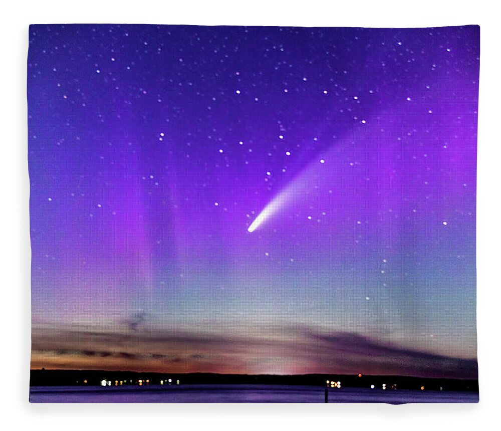 Neowise Comet Fleece Blanket featuring the photograph NEOWISE COMET with a splash of Northern Lights by Joe Holley