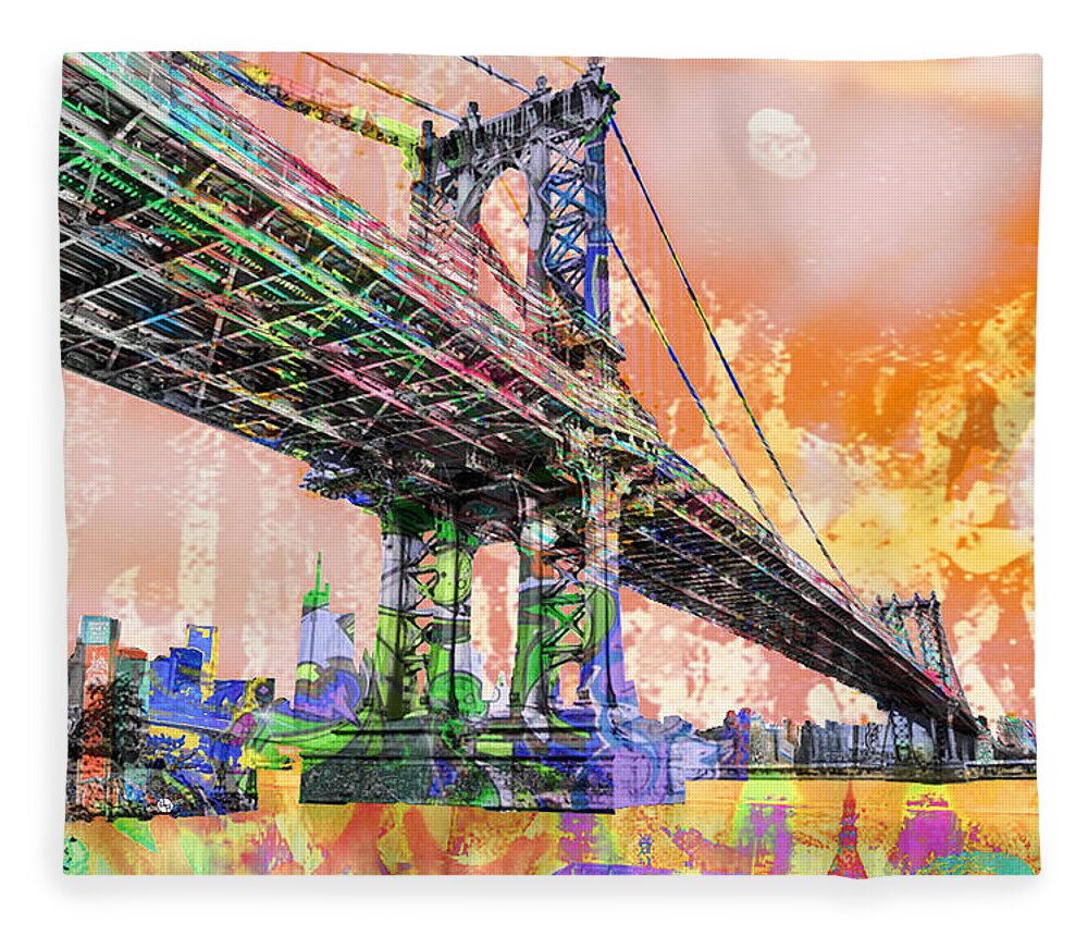 Manhattan Bridge Fleece Blanket featuring the painting New York City Manhattan Bridge Gold 3 by Tony Rubino