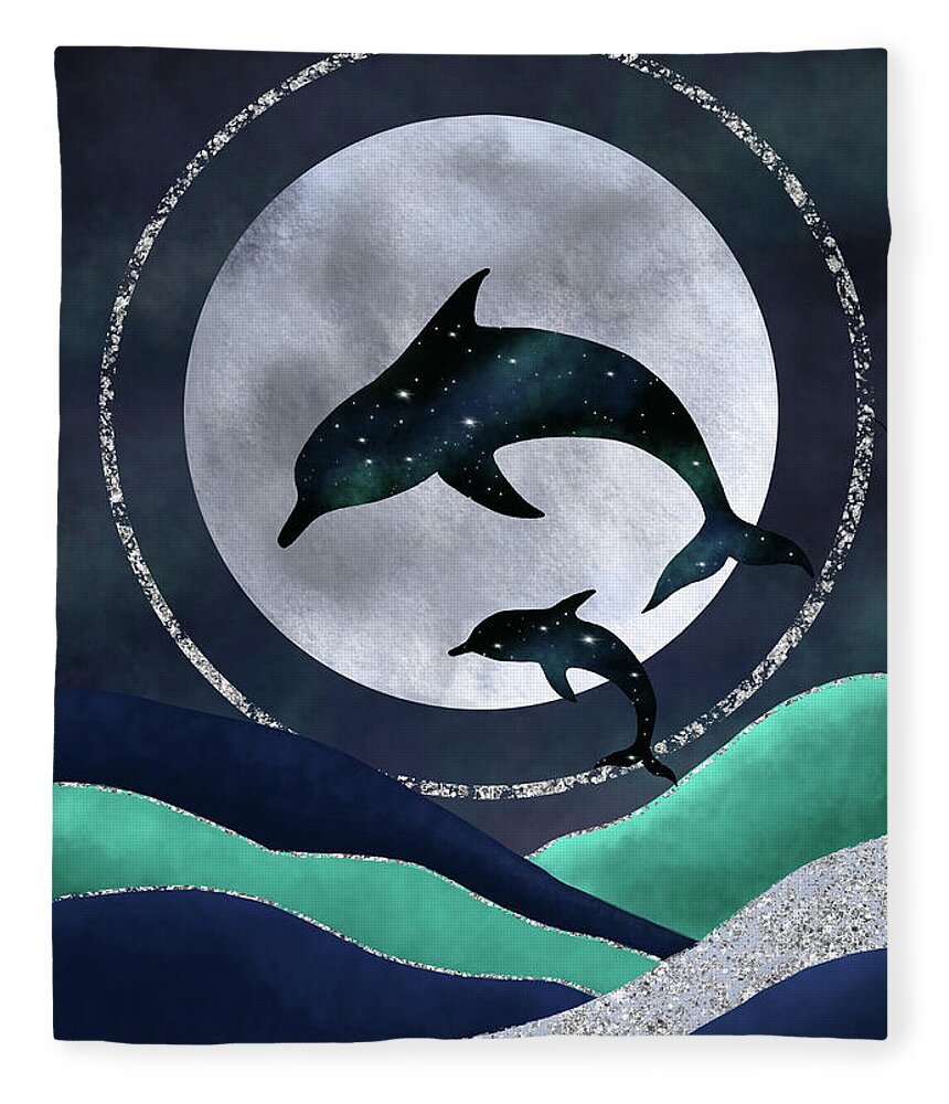 Dolphin Fleece Blanket featuring the digital art Night Swimming by Rachel Emmett