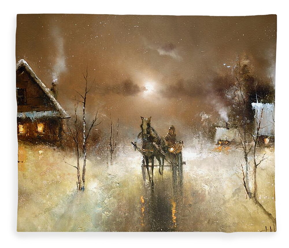 Russian Artists New Wave Fleece Blanket featuring the painting Night Thaw in Winter Village by Igor Medvedev