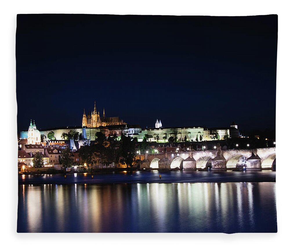 Lamps Fleece Blanket featuring the photograph Night view of the old town of Prague with Prague Castle by Vaclav Sonnek