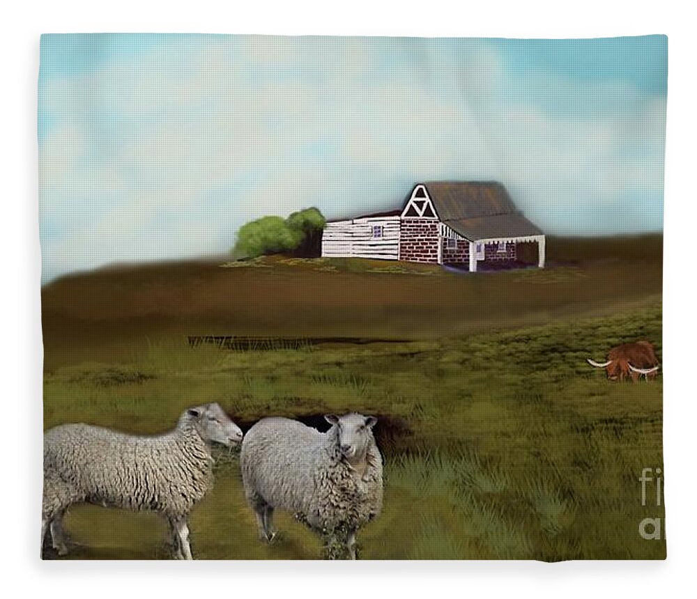 Sheep Fleece Blanket featuring the mixed media No City Here by Julie Grimshaw