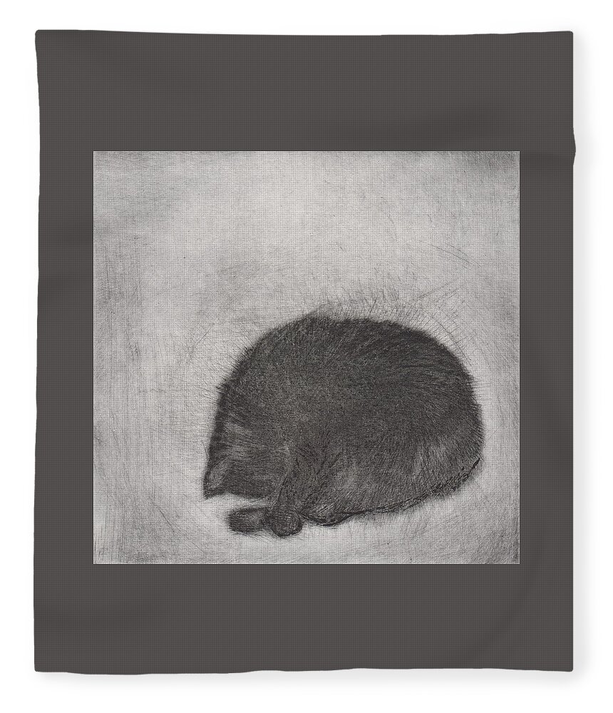 Cat Fleece Blanket featuring the drawing Nonchaloir - etching by David Ladmore