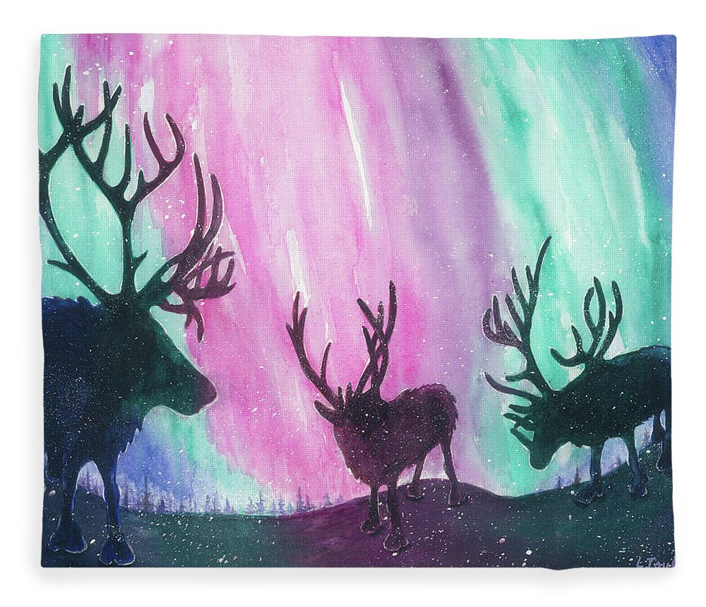 Reindeer Fleece Blanket featuring the painting North Pole Nightlife by Lori Taylor