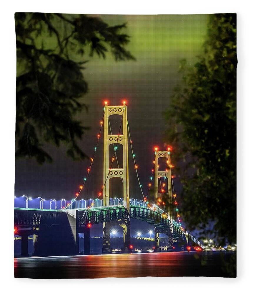 Michigan Photos Fleece Blanket featuring the photograph Northern Lights Over Mackinac Bridge -5455 by Norris Seward