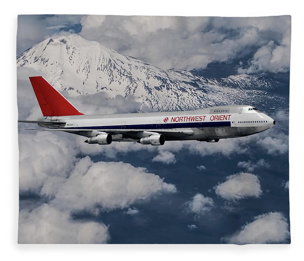 Northwest Orient Airlines Fleece Blanket featuring the mixed media Northwest Orient Airlines Boeing 747 and Mt. Rainier by Erik Simonsen