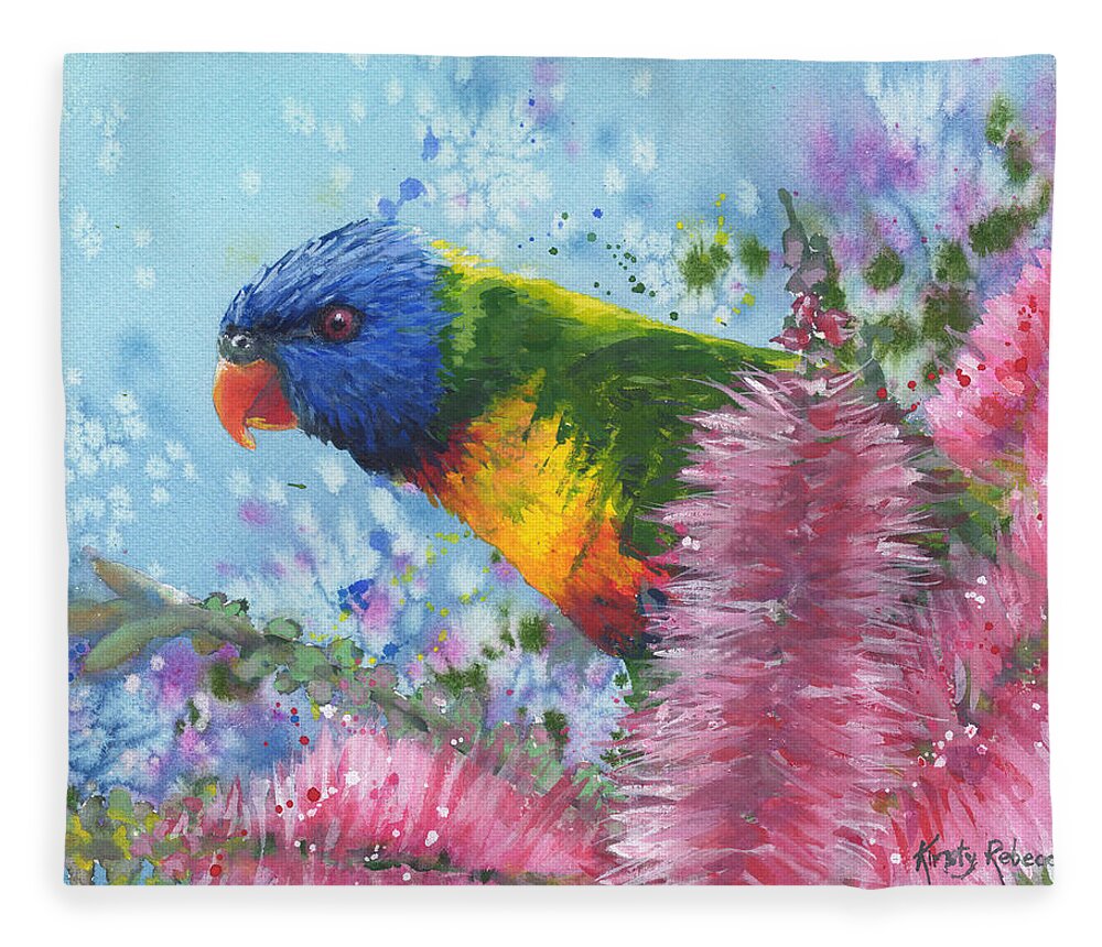 Rainbow Lorikeet Fleece Blanket featuring the painting Morning Feed by Kirsty Rebecca