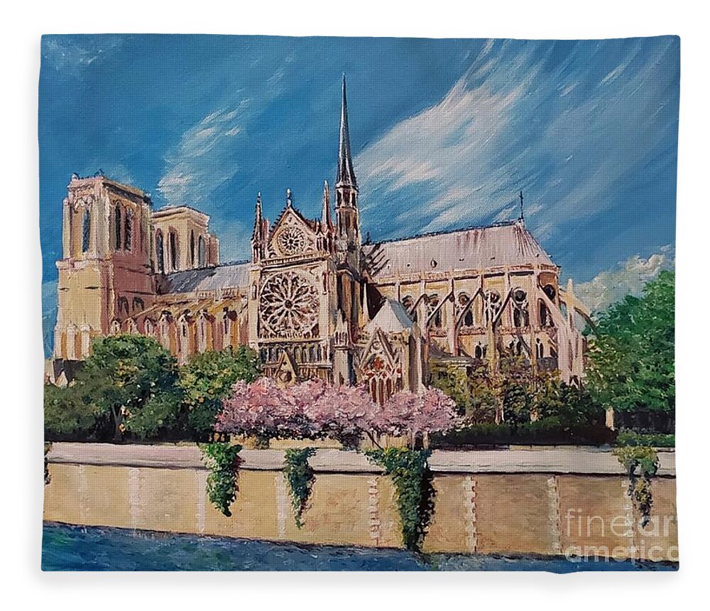 Notre Dame Fleece Blanket featuring the painting Notre Dame by Merana Cadorette