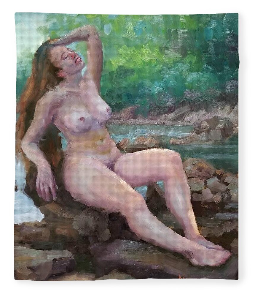 Plein Air Fleece Blanket featuring the painting Nude woman by creek by Jeff Dickson