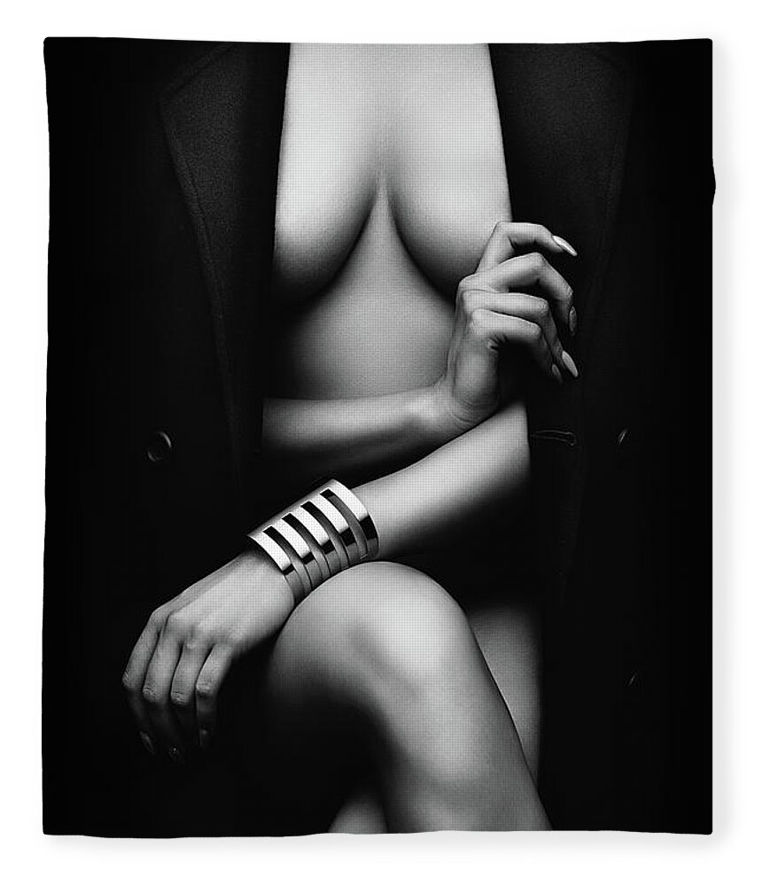 Woman Fleece Blanket featuring the photograph Nude Woman with jacket 1 by Johan Swanepoel