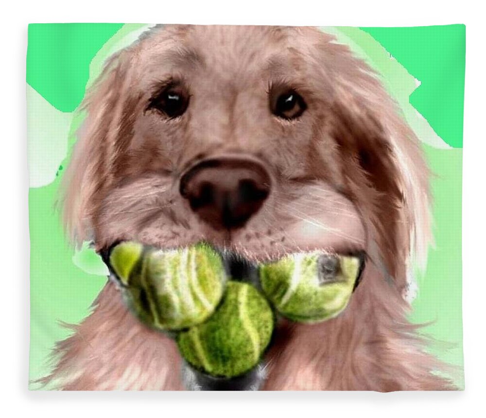 Golden Retriever Tennis Balls Fetching Fetch Funny Caricature Pencil Sketch Mixed Media Fleece Blanket featuring the mixed media Nuts for Tennis by Pamela Calhoun