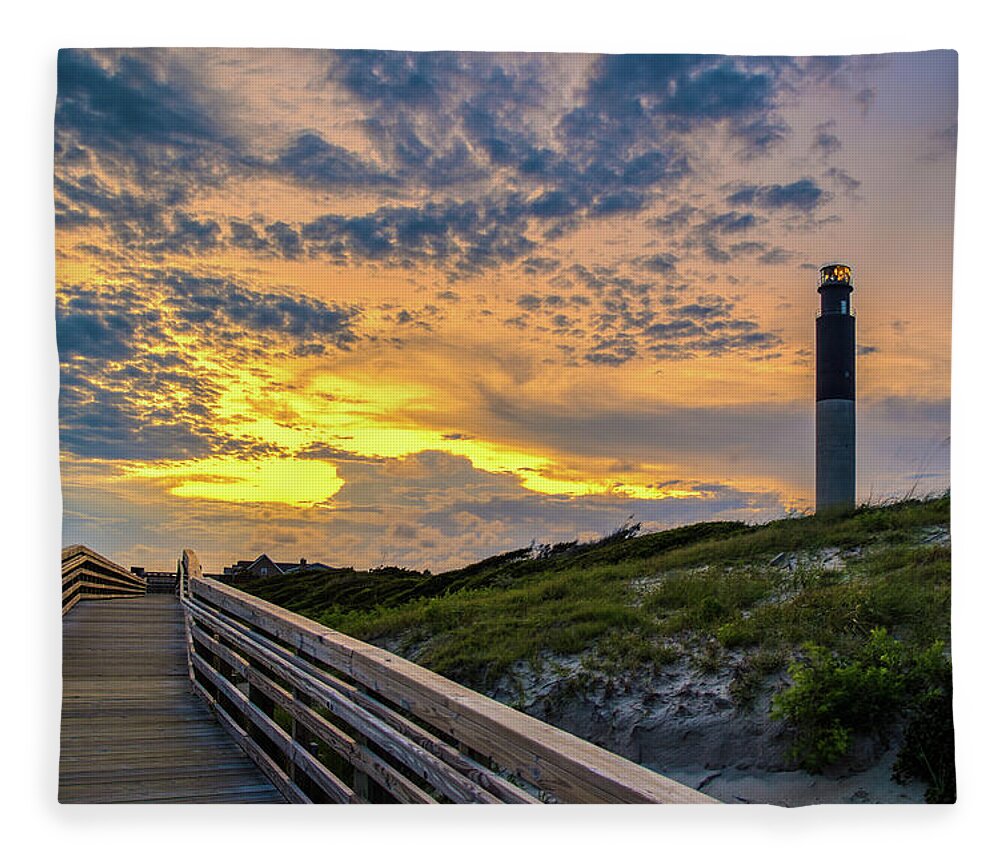 Oak Island Fleece Blanket featuring the photograph Oak Island Lighthouse Sunset by Nick Noble