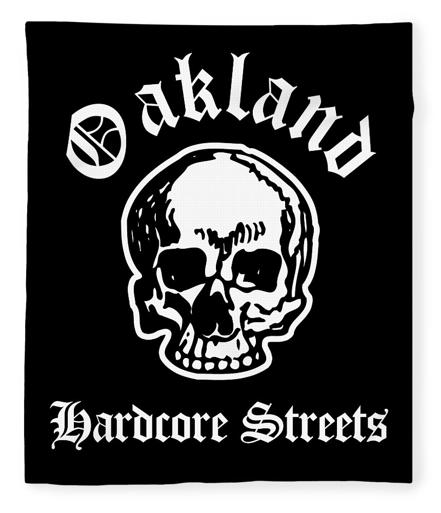 Oakland Fleece Blanket featuring the drawing Oakland California Hardcore Streets Urban Streetwear White Skull, White Text Super Sharp PNG by Kathy Anselmo