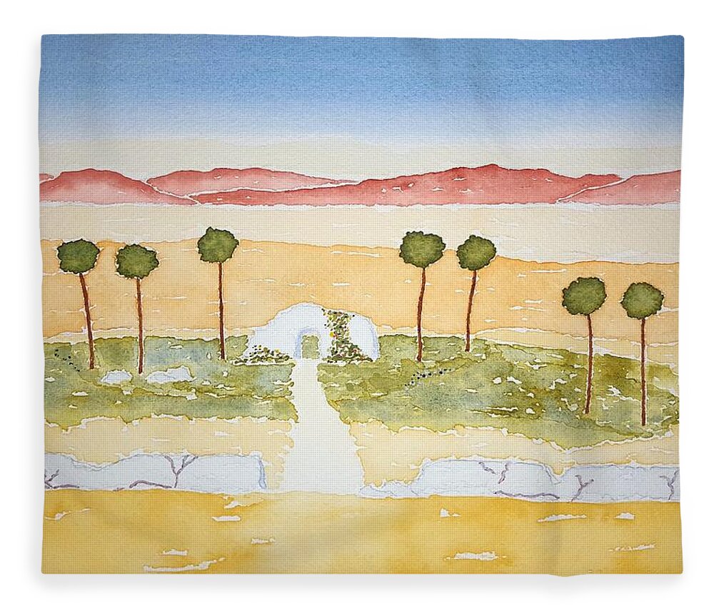 Watercolor Fleece Blanket featuring the painting Oasis of Lore by John Klobucher