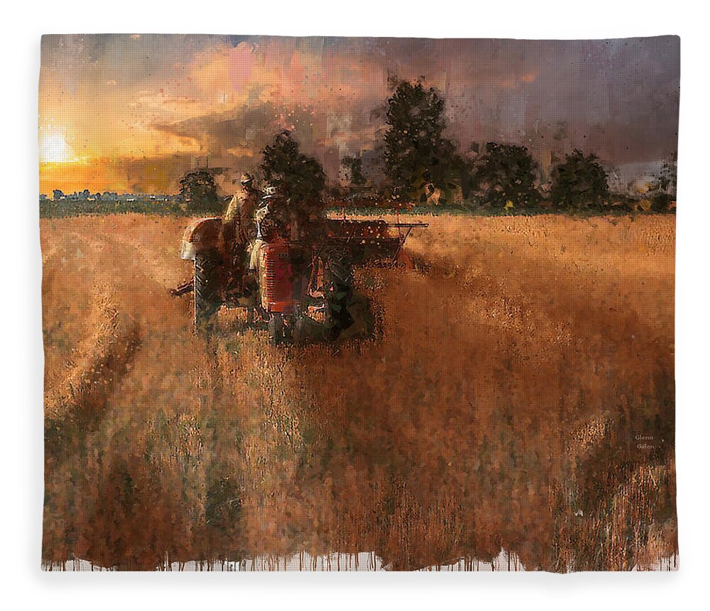 Sunset Fleece Blanket featuring the painting Oat Harvest at Sunset - 1940s by Glenn Galen