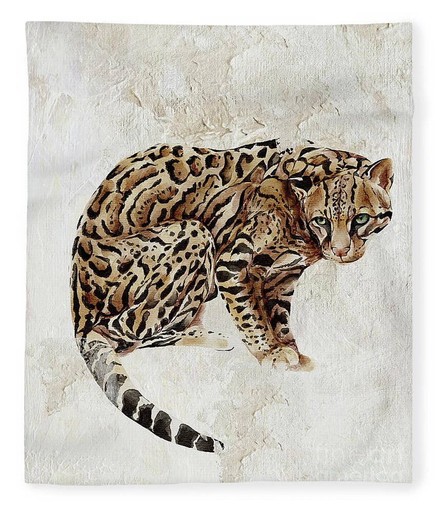 Ocelot Fleece Blanket featuring the painting Ocelot Wild Cat Animal Painting by Garden Of Delights