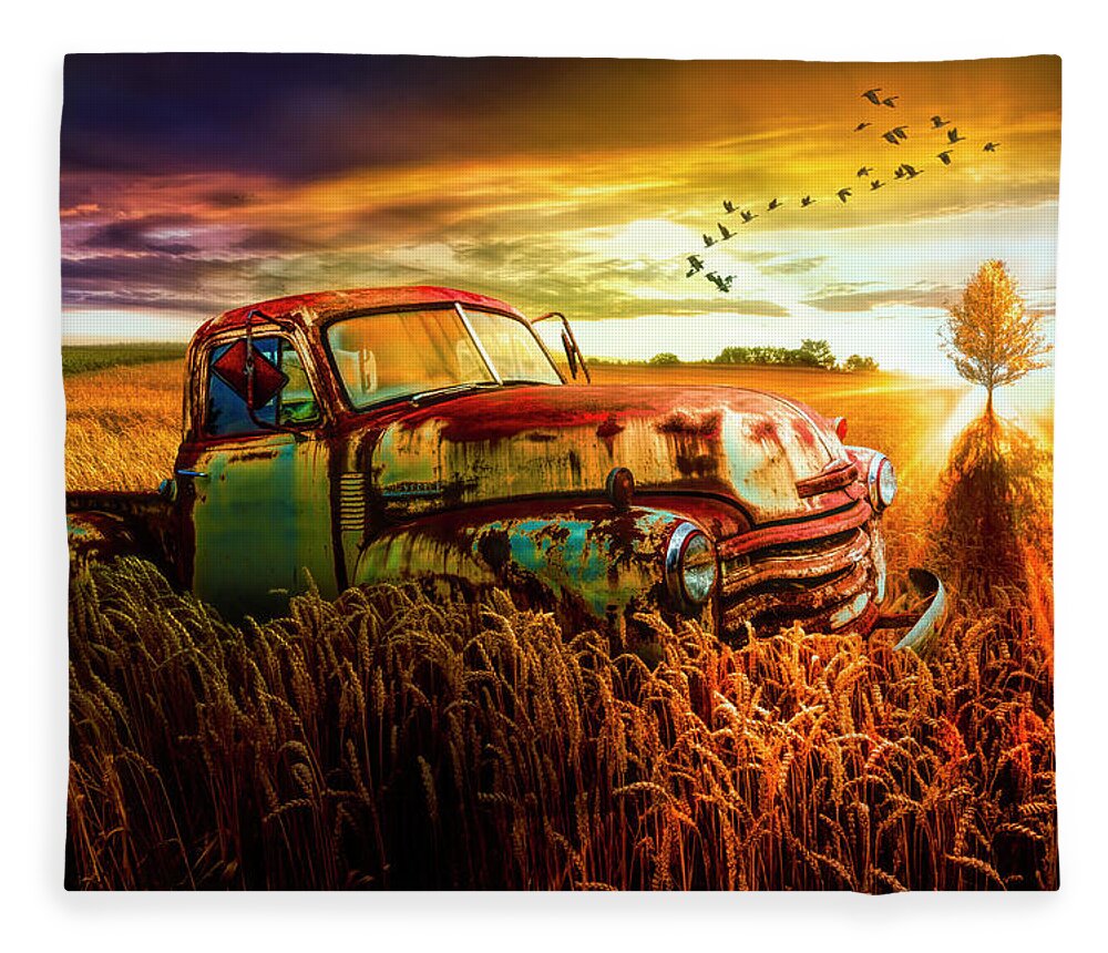 1947 Fleece Blanket featuring the photograph Old Chevy Truck in the Sunset by Debra and Dave Vanderlaan