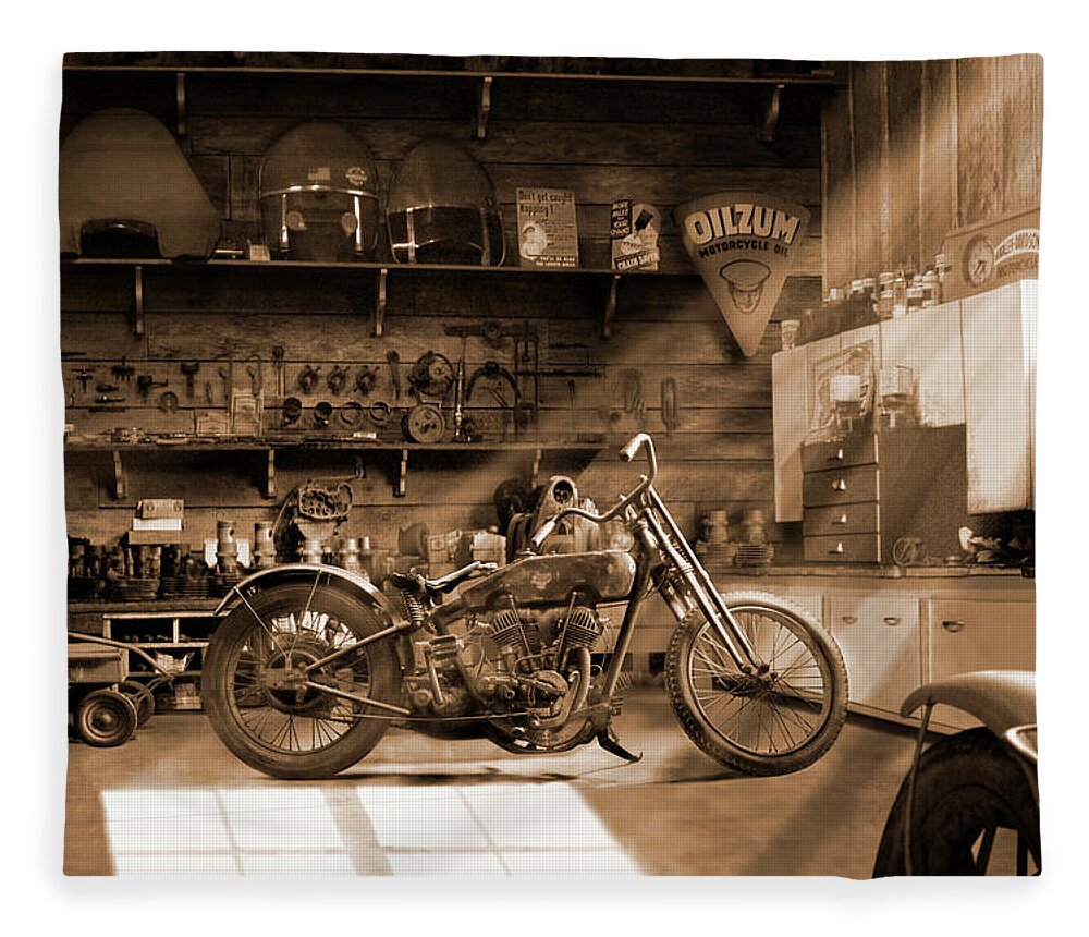 Motorcycle Fleece Blanket featuring the photograph Old Motorcycle Shop by Mike McGlothlen